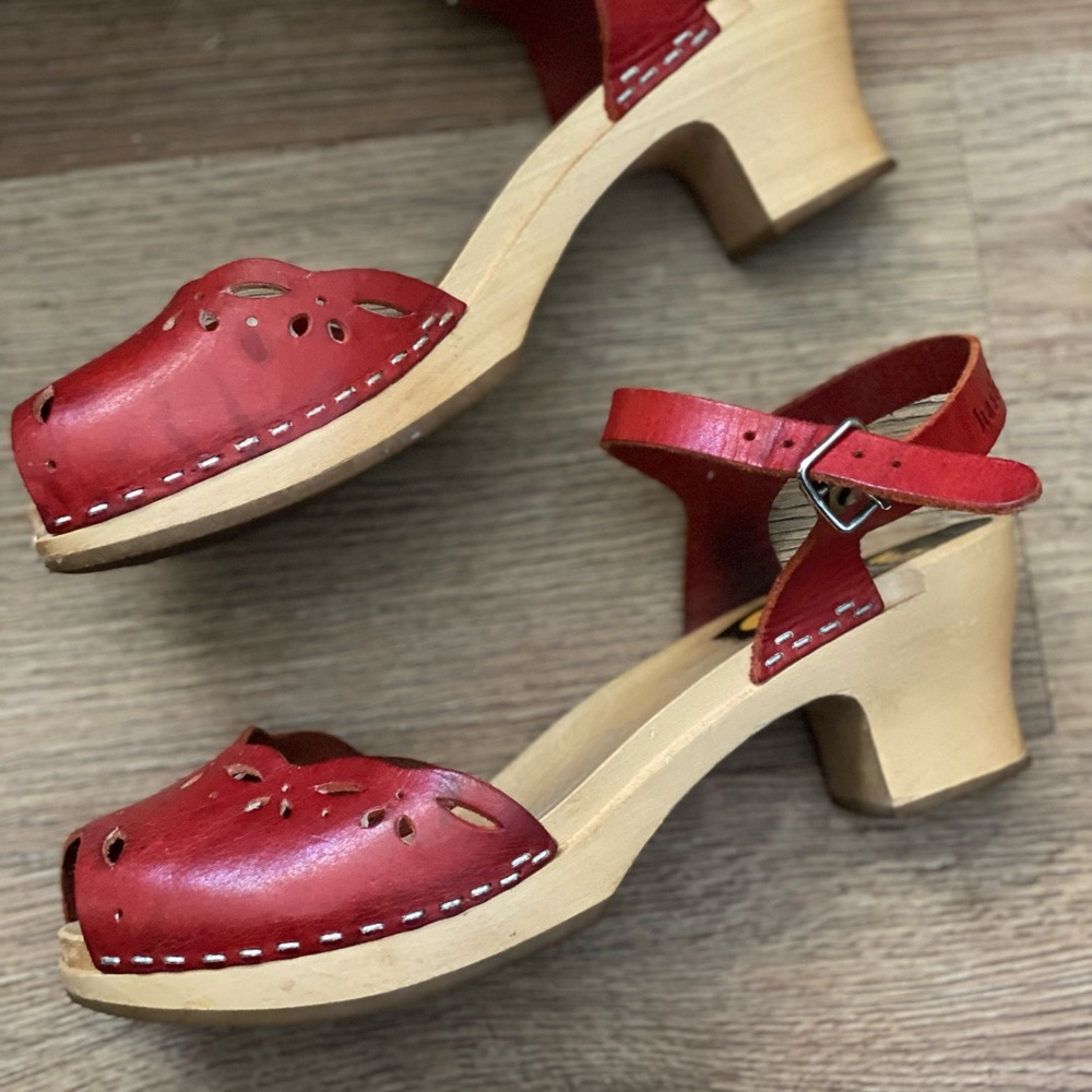 Red Leather Ankle-Strap Clog Heels